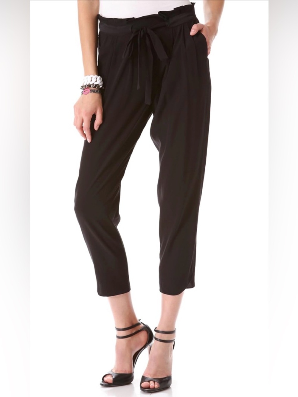 Ramy Brook Allyn Silk Cropped Pants Black Tie Waist Paperbag Waist Size M Medium